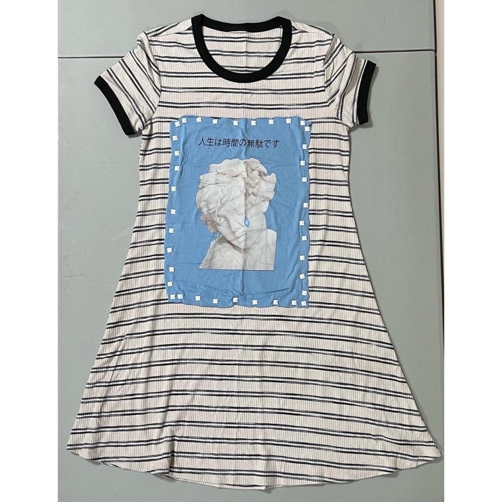 White Striped Aesthetic Vaporwave Graphic Patch Studded Mini Dress Size L 💧